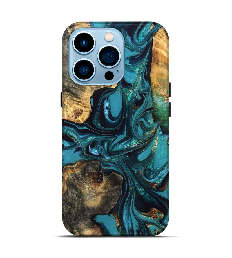 iPhone 14 Pro Wood Live Edge Phone Case - Asia (Teal & Gold, 832667)