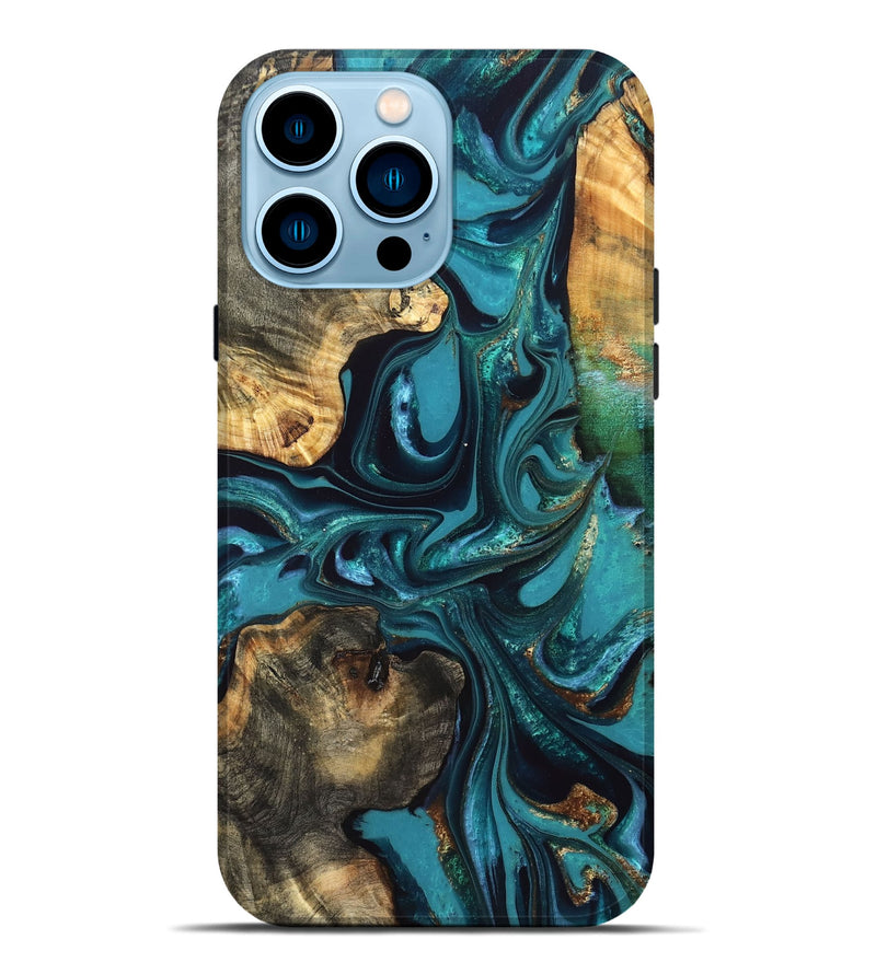 iPhone 14 Pro Max Wood Live Edge Phone Case - Asia (Teal & Gold, 832667)