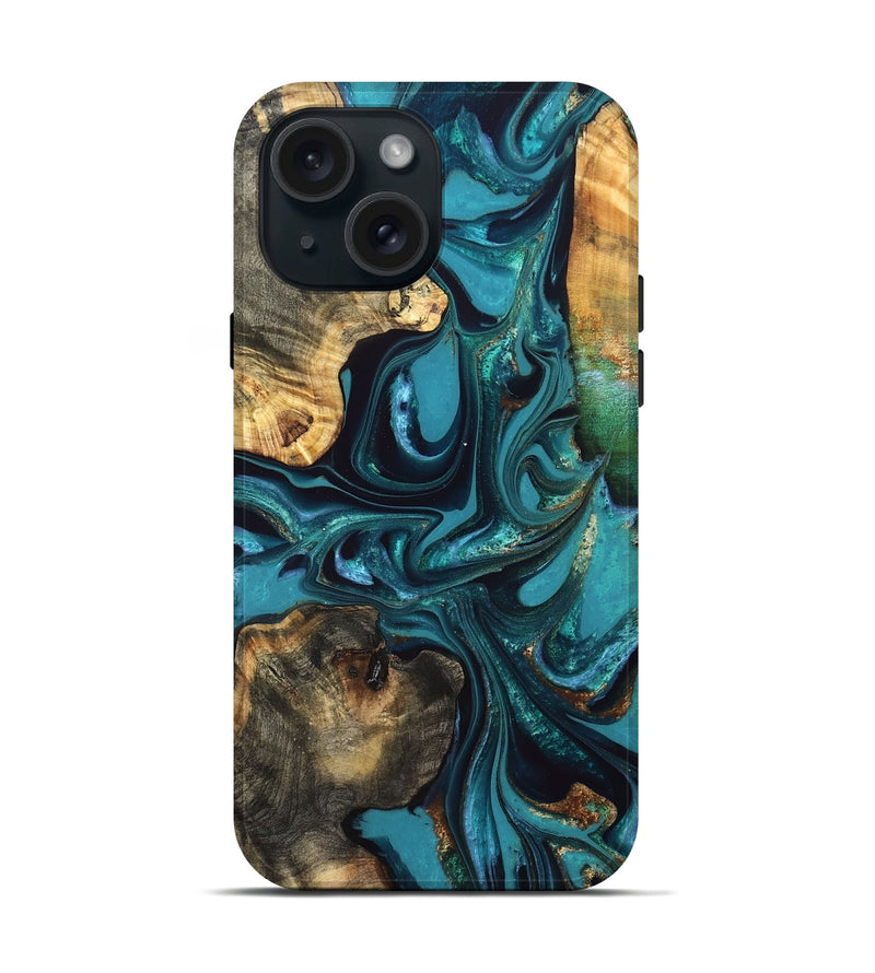 iPhone 15 Wood Live Edge Phone Case - Asia (Teal & Gold, 832667)