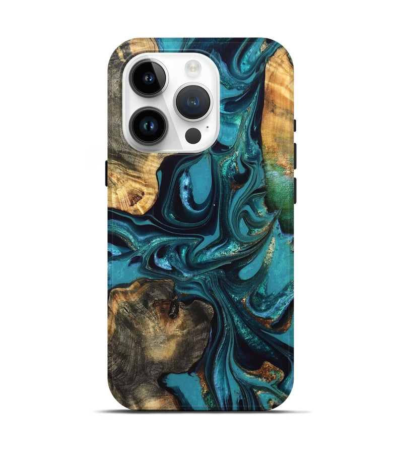 iPhone 15 Pro Wood Live Edge Phone Case - Asia (Teal & Gold, 832667)