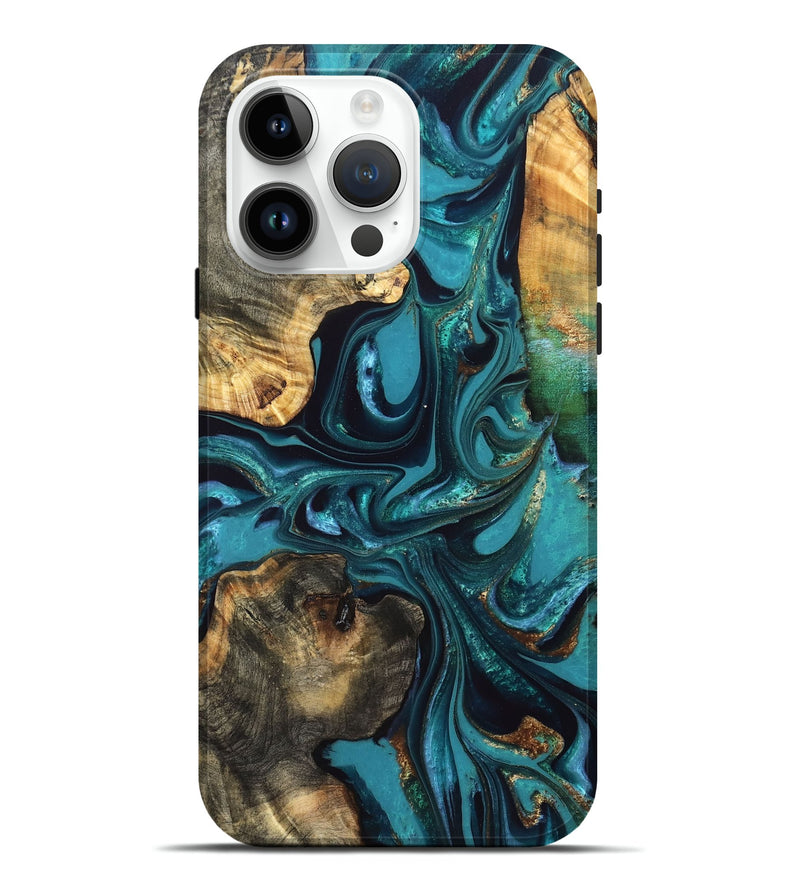 iPhone 15 Pro Max Wood Live Edge Phone Case - Asia (Teal & Gold, 832667)