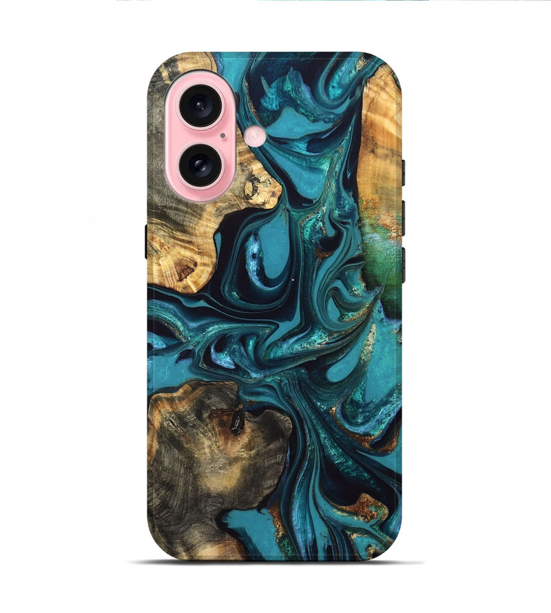 iPhone 16 Wood Live Edge Phone Case - Asia (Teal & Gold, 832667)