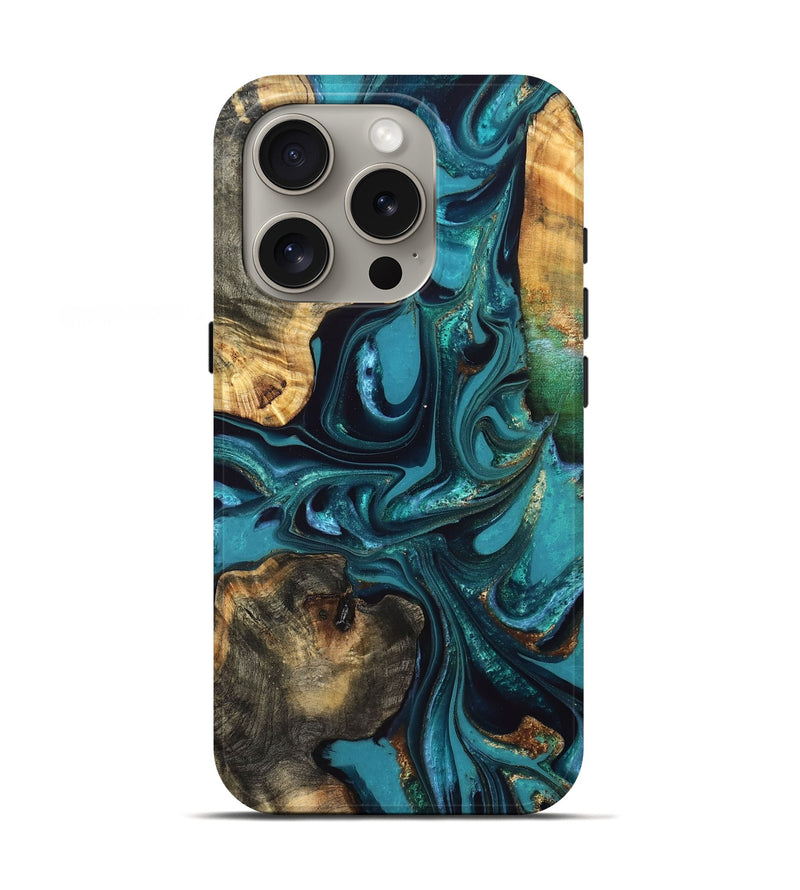 iPhone 16 Pro Wood Live Edge Phone Case - Asia (Teal & Gold, 832667)