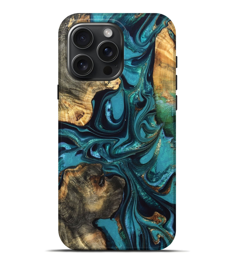 iPhone 16 Pro Max Wood Live Edge Phone Case - Asia (Teal & Gold, 832667)