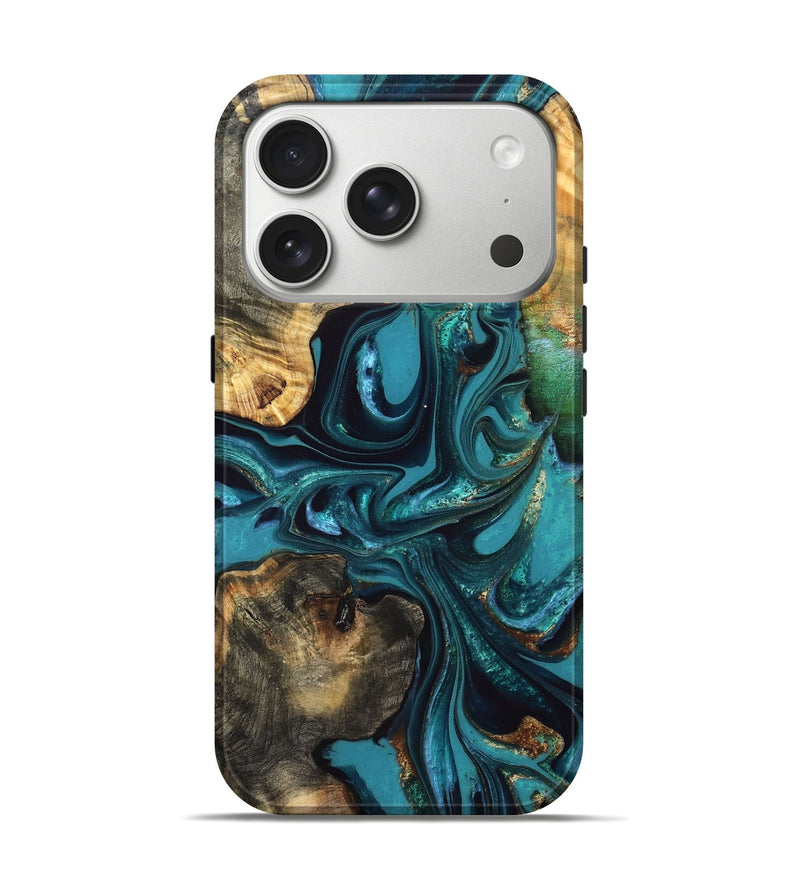 iPhone 17 Pro Wood Live Edge Phone Case - Asia (Teal & Gold, 832667)