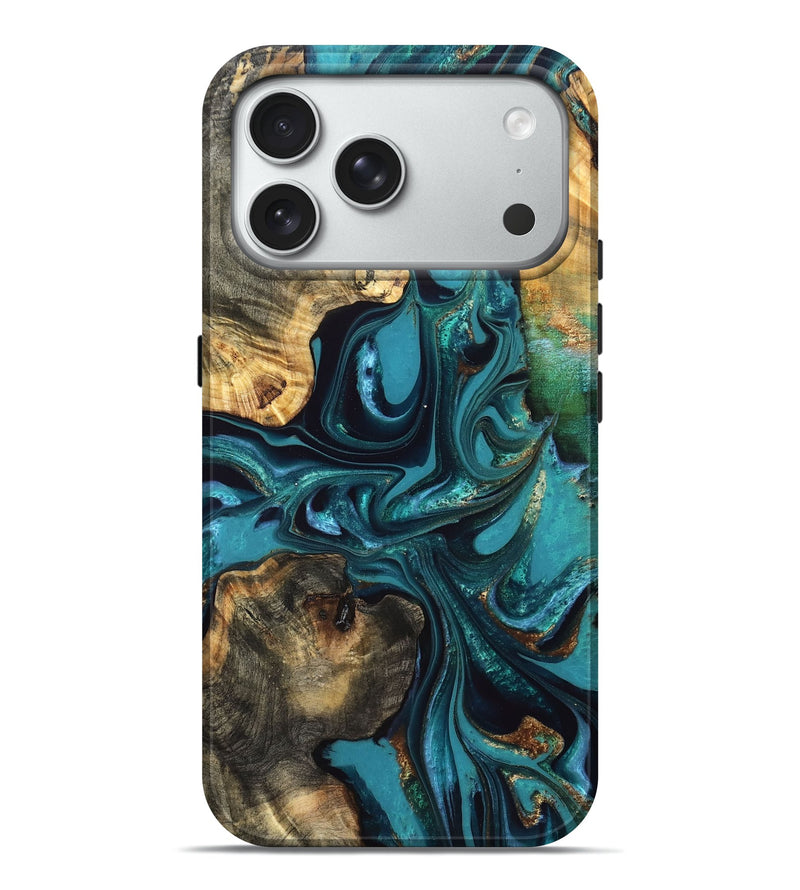 iPhone 18 Pro Max Wood Live Edge Phone Case - Asia (Teal & Gold, 832667)