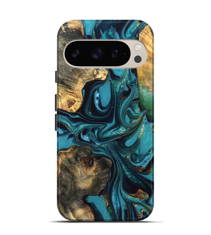 Pixel 9 Wood Live Edge Phone Case - Asia (Teal & Gold, 832667)