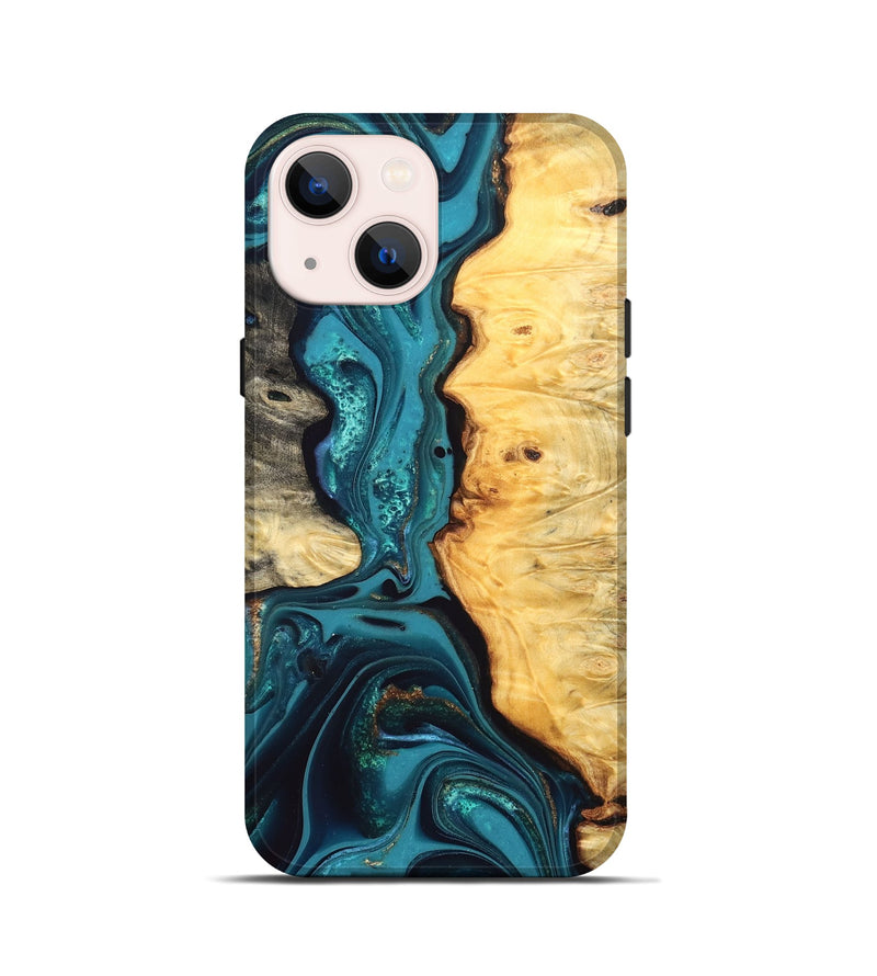 iPhone 13 mini Wood Live Edge Phone Case - Lorna (Teal & Gold, 832670)