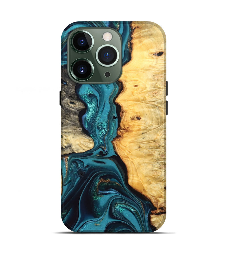 iPhone 13 Pro Wood Live Edge Phone Case - Lorna (Teal & Gold, 832670)