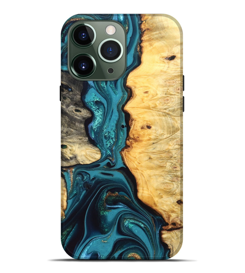 iPhone 13 Pro Max Wood Live Edge Phone Case - Lorna (Teal & Gold, 832670)