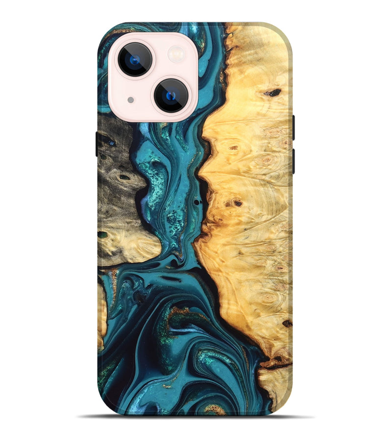 iPhone 14 Plus Wood Live Edge Phone Case - Lorna (Teal & Gold, 832670)