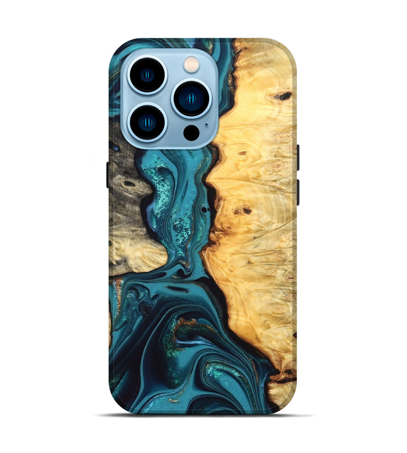 iPhone 14 Pro Wood Live Edge Phone Case - Lorna (Teal & Gold, 832670)