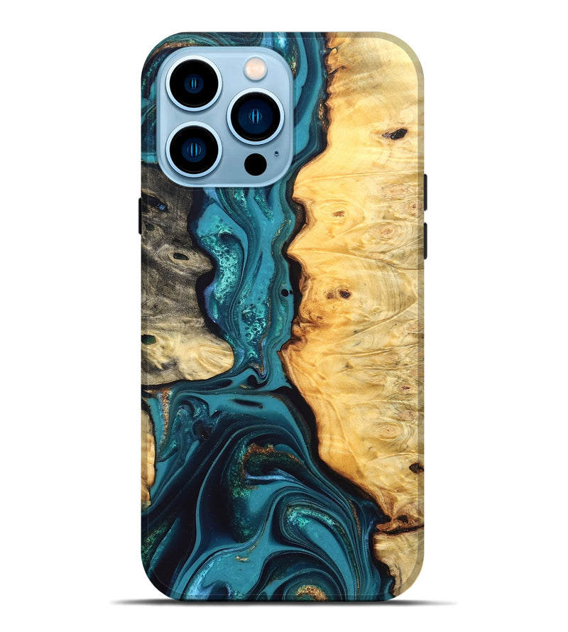 iPhone 14 Pro Max Wood Live Edge Phone Case - Lorna (Teal & Gold, 832670)