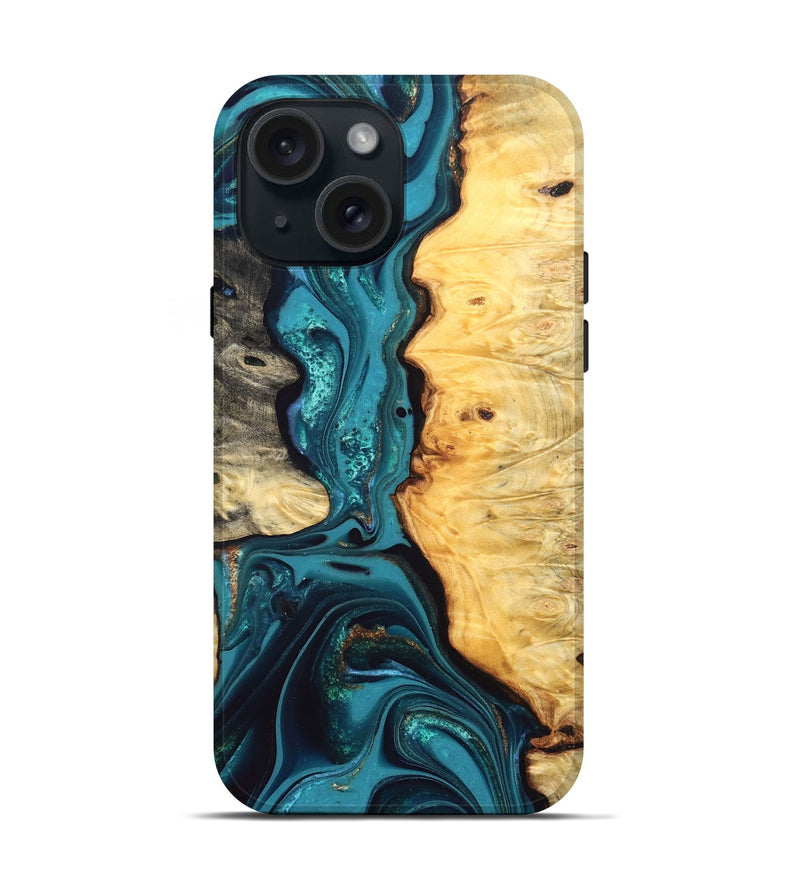 iPhone 15 Wood Live Edge Phone Case - Lorna (Teal & Gold, 832670)