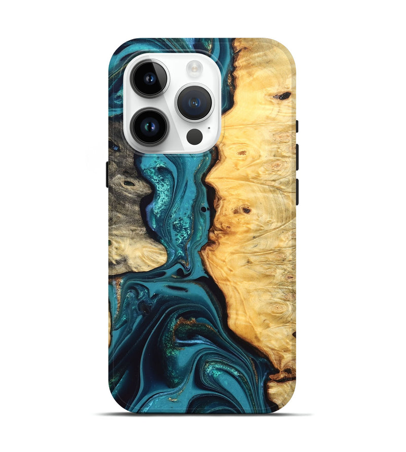 iPhone 15 Pro Wood Live Edge Phone Case - Lorna (Teal & Gold, 832670)