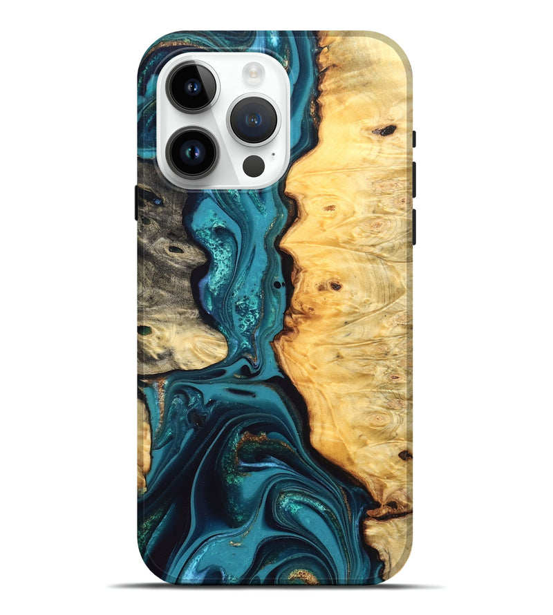 iPhone 15 Pro Max Wood Live Edge Phone Case - Lorna (Teal & Gold, 832670)