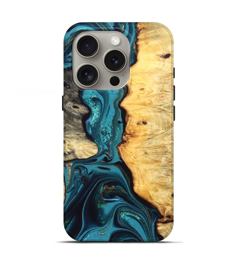 iPhone 16 Pro Wood Live Edge Phone Case - Lorna (Teal & Gold, 832670)
