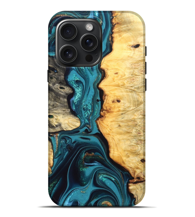 iPhone 16 Pro Max Wood Live Edge Phone Case - Lorna (Teal & Gold, 832670)