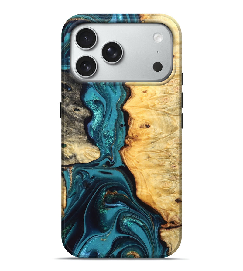 iPhone 18 Pro Max Wood Live Edge Phone Case - Lorna (Teal & Gold, 832670)