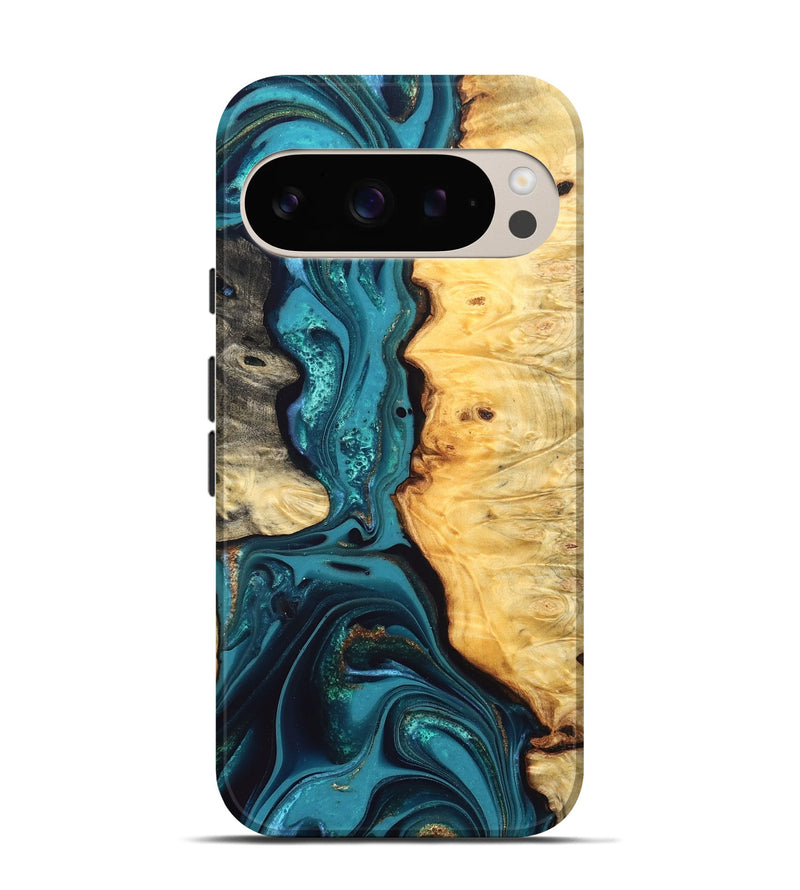 Pixel 9 Pro Wood Live Edge Phone Case - Lorna (Teal & Gold, 832670)