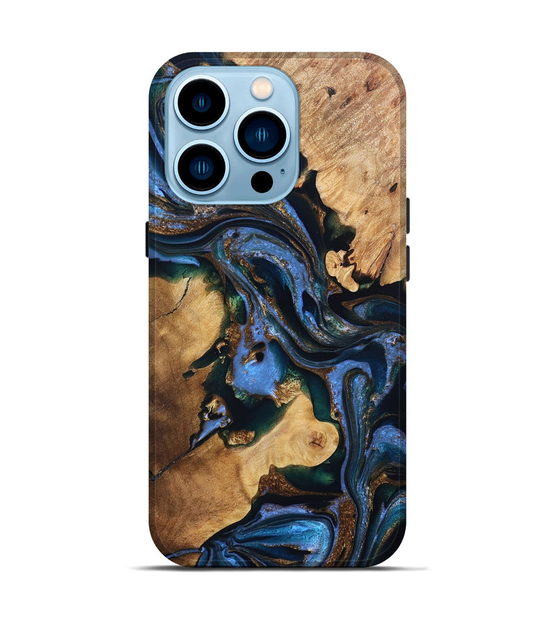 iPhone 14 Pro Wood Live Edge Phone Case - Adalynn (Teal & Gold, 832690)