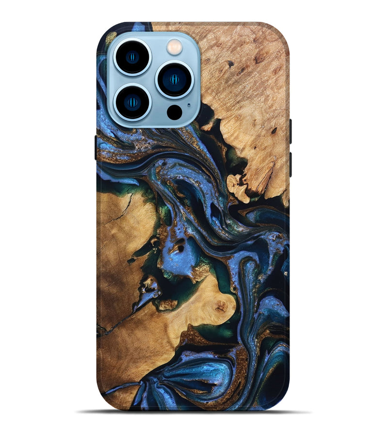 iPhone 14 Pro Max Wood Live Edge Phone Case - Adalynn (Teal & Gold, 832690)