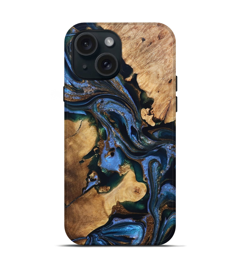 iPhone 15 Wood Live Edge Phone Case - Adalynn (Teal & Gold, 832690)