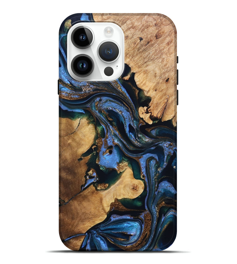 iPhone 15 Pro Max Wood Live Edge Phone Case - Adalynn (Teal & Gold, 832690)
