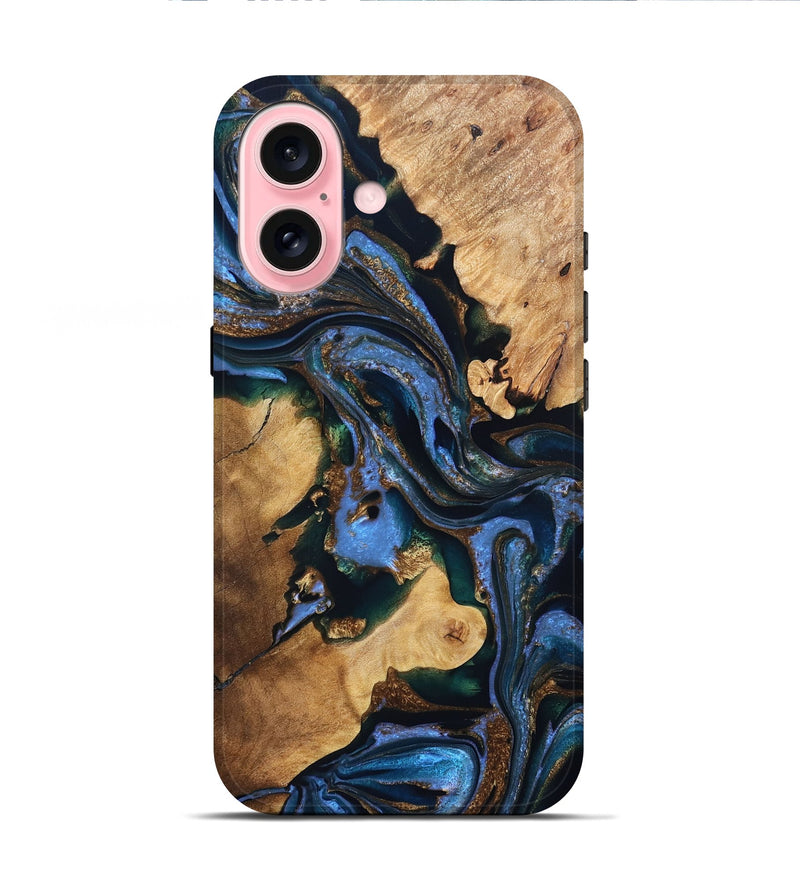iPhone 16 Wood Live Edge Phone Case - Adalynn (Teal & Gold, 832690)