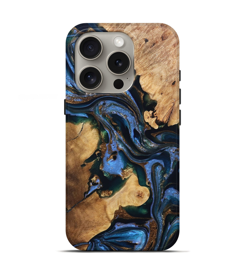 iPhone 16 Pro Wood Live Edge Phone Case - Adalynn (Teal & Gold, 832690)