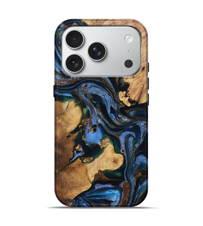 iPhone 18 Pro Wood Live Edge Phone Case - Adalynn (Teal & Gold, 832690)