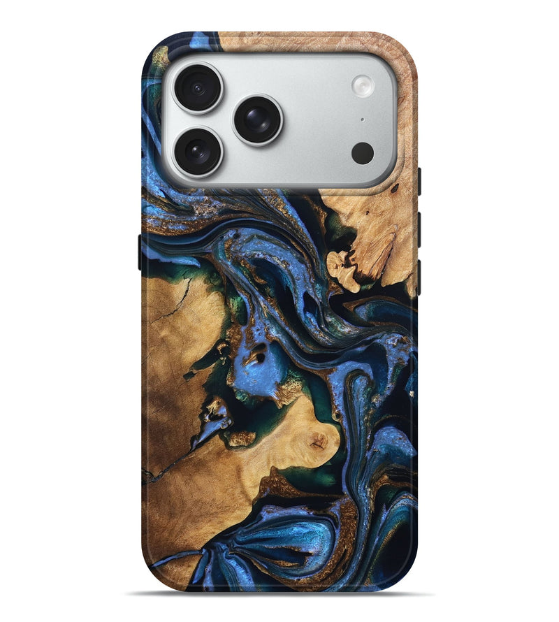 iPhone 18 Pro Max Wood Live Edge Phone Case - Adalynn (Teal & Gold, 832690)