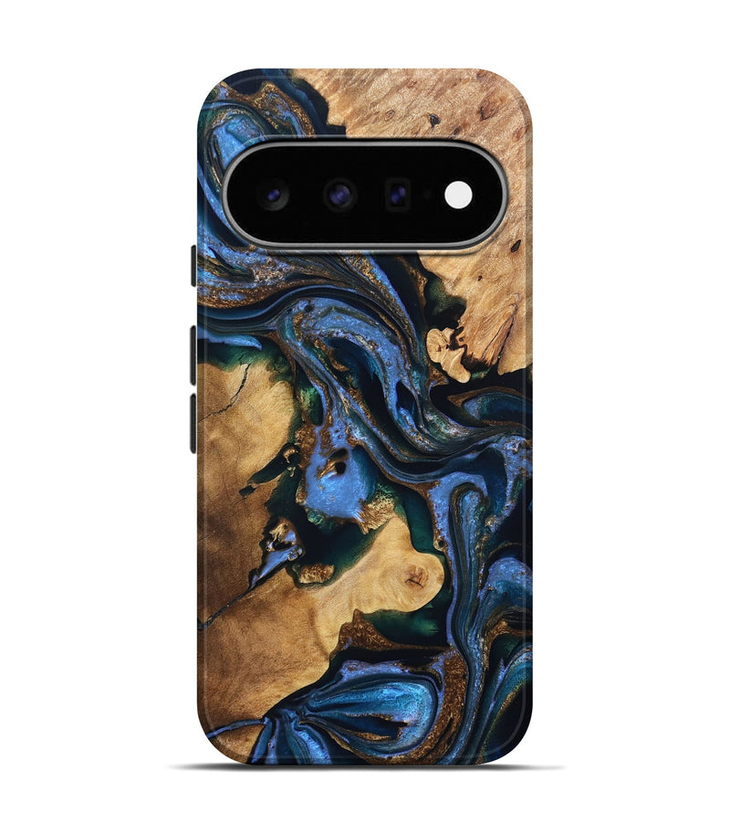 Pixel 11 Pro Wood Live Edge Phone Case - Adalynn (Teal & Gold, 832690)