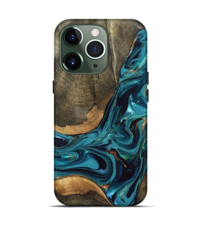 iPhone 13 Pro Wood Live Edge Phone Case - Rilla (Teal & Gold, 832695)