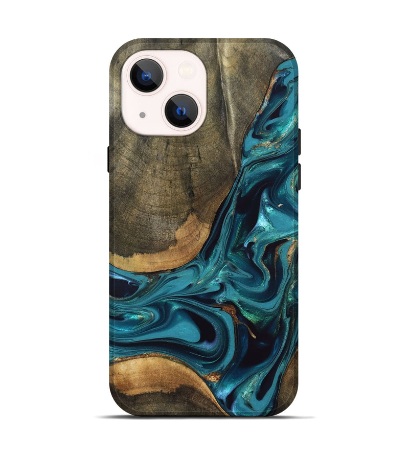iPhone 14 Wood Live Edge Phone Case - Rilla (Teal & Gold, 832695)