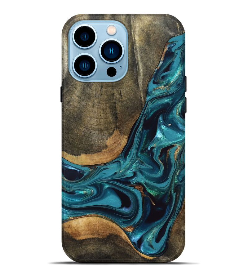 iPhone 14 Pro Max Wood Live Edge Phone Case - Rilla (Teal & Gold, 832695)
