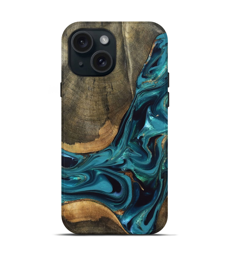 iPhone 15 Wood Live Edge Phone Case - Rilla (Teal & Gold, 832695)