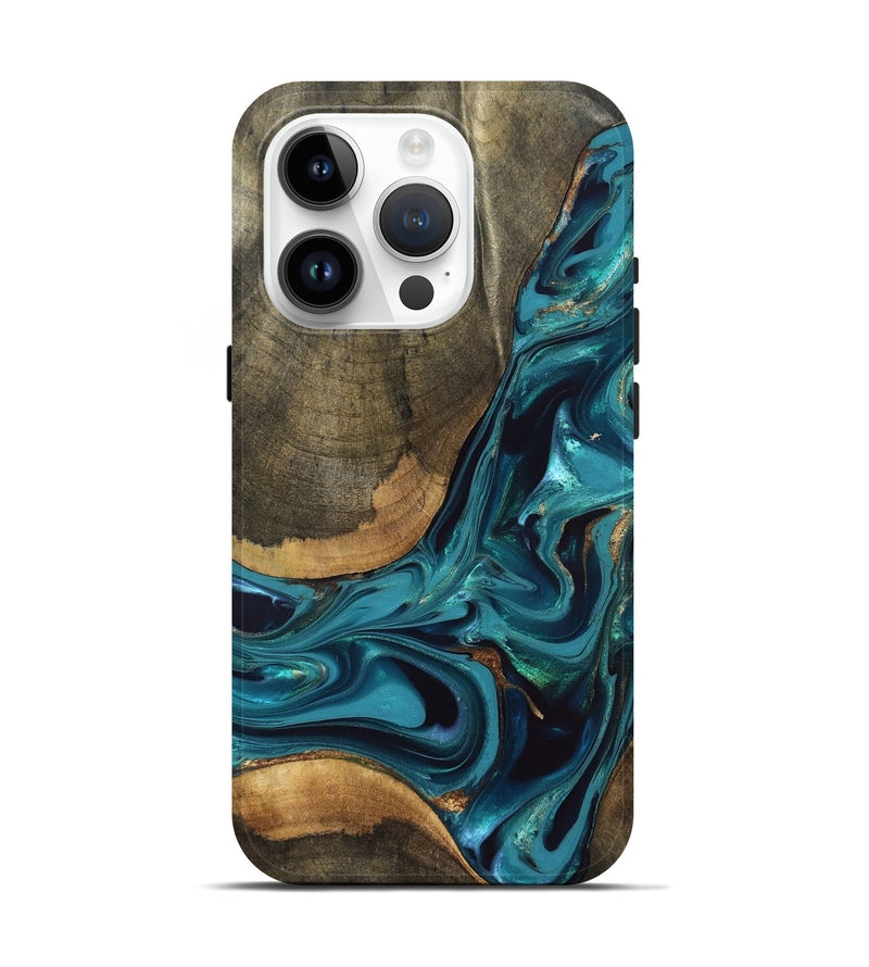 iPhone 15 Pro Wood Live Edge Phone Case - Rilla (Teal & Gold, 832695)