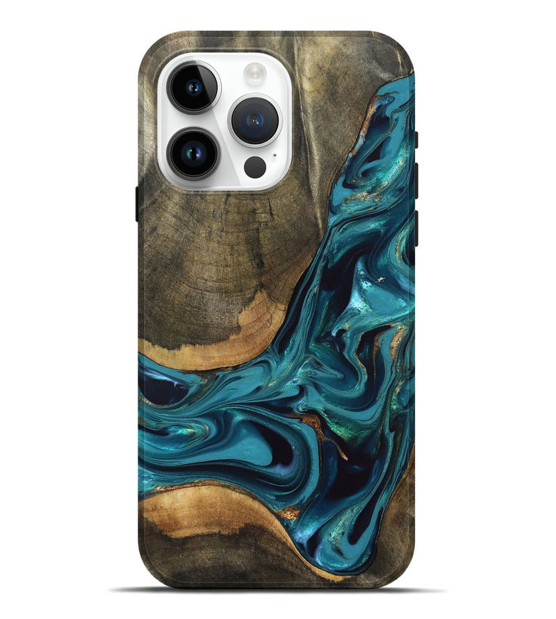 iPhone 15 Pro Max Wood Live Edge Phone Case - Rilla (Teal & Gold, 832695)