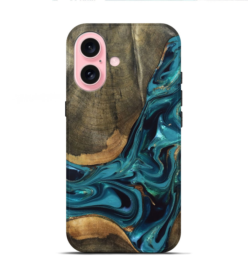 iPhone 16 Wood Live Edge Phone Case - Rilla (Teal & Gold, 832695)