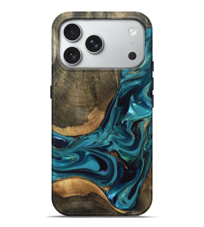 iPhone 18 Pro Max Wood Live Edge Phone Case - Rilla (Teal & Gold, 832695)