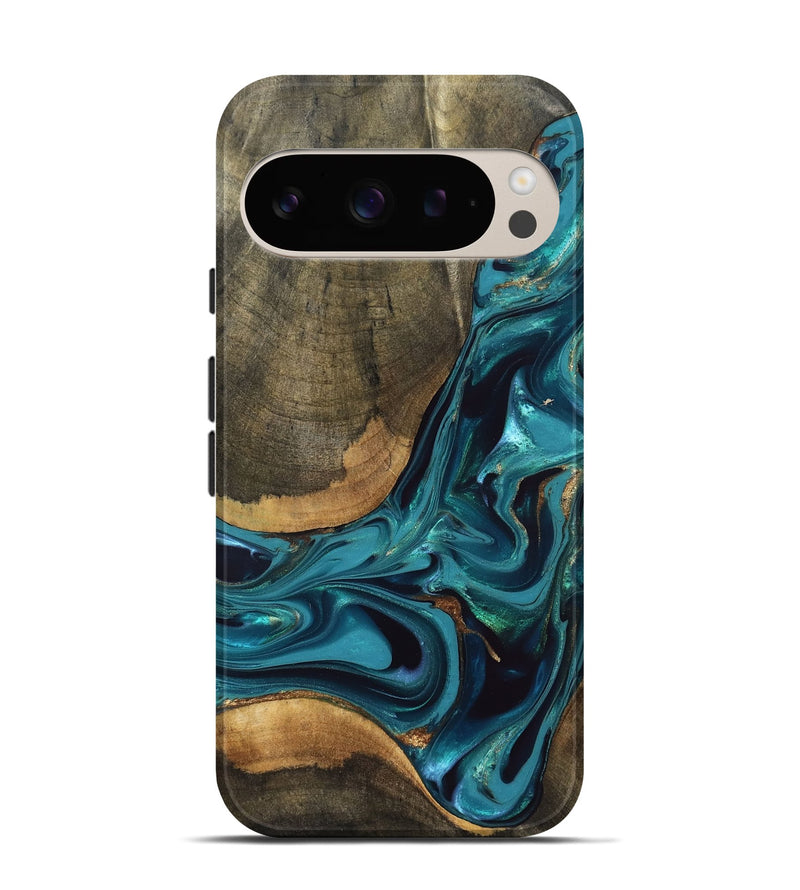 Pixel 9 Wood Live Edge Phone Case - Rilla (Teal & Gold, 832695)