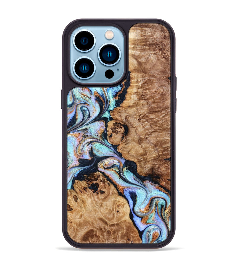 iPhone 14 Pro Max Wood Phone Case - Lane (Teal & Gold, 832738)