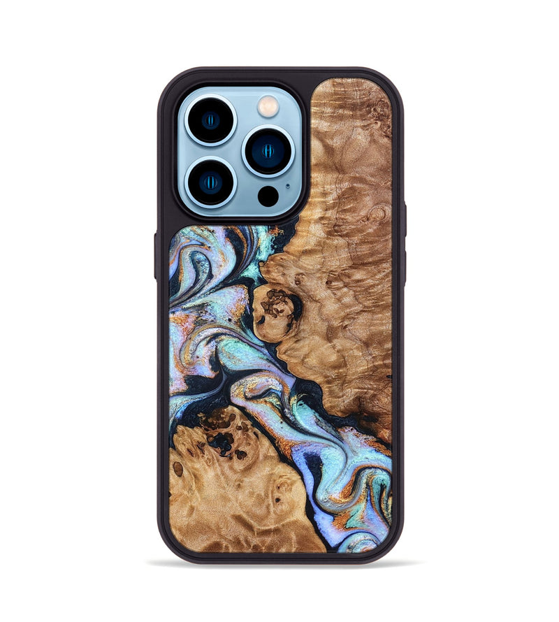 iPhone 14 Pro Wood Phone Case - Lane (Teal & Gold, 832738)