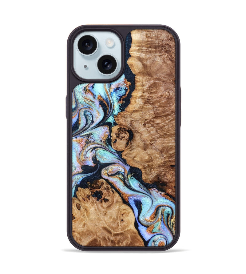iPhone 15 Wood Phone Case - Lane (Teal & Gold, 832738)