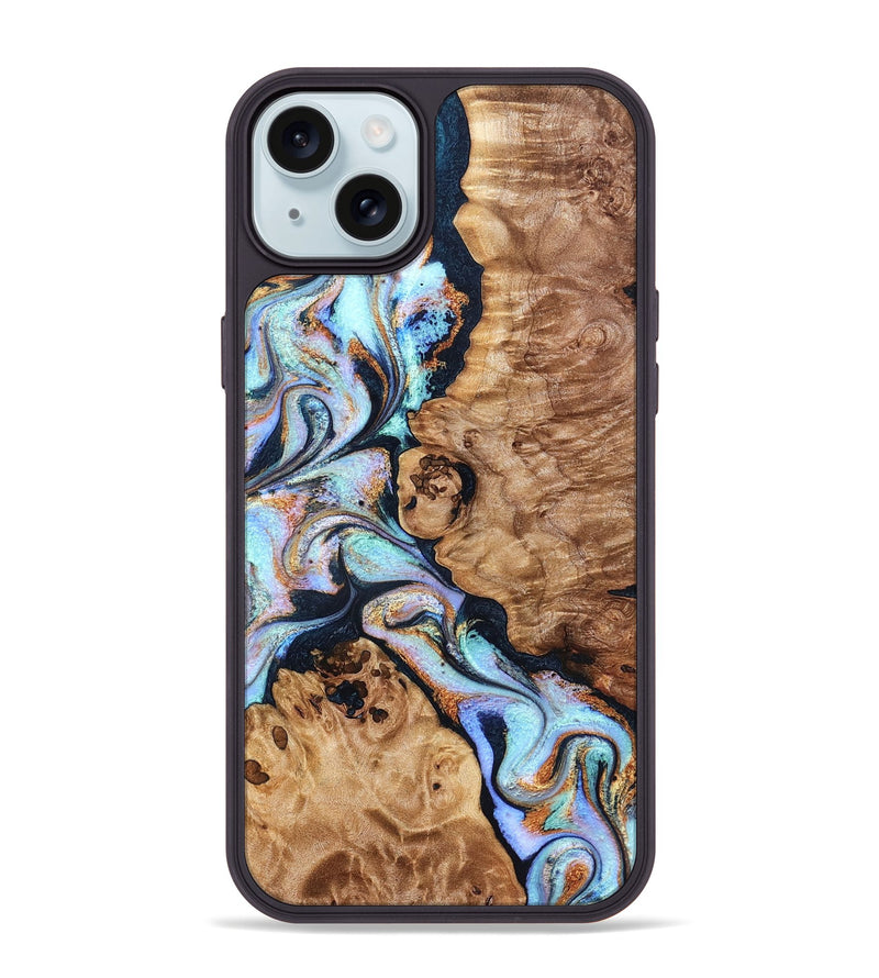 iPhone 15 Plus Wood Phone Case - Lane (Teal & Gold, 832738)