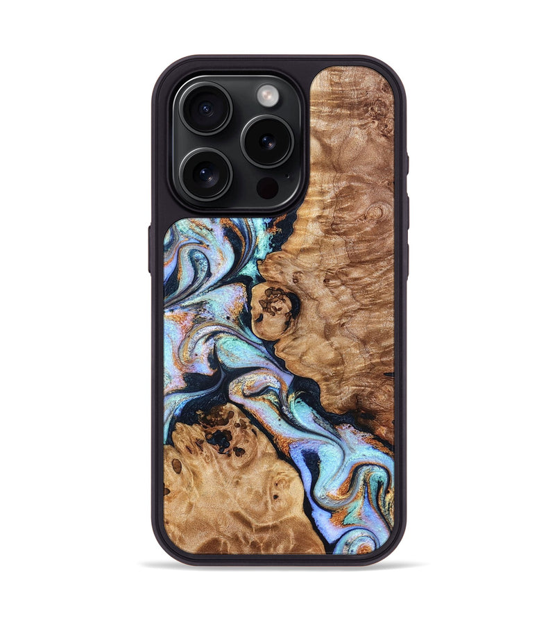 iPhone 15 Pro Wood Phone Case - Lane (Teal & Gold, 832738)