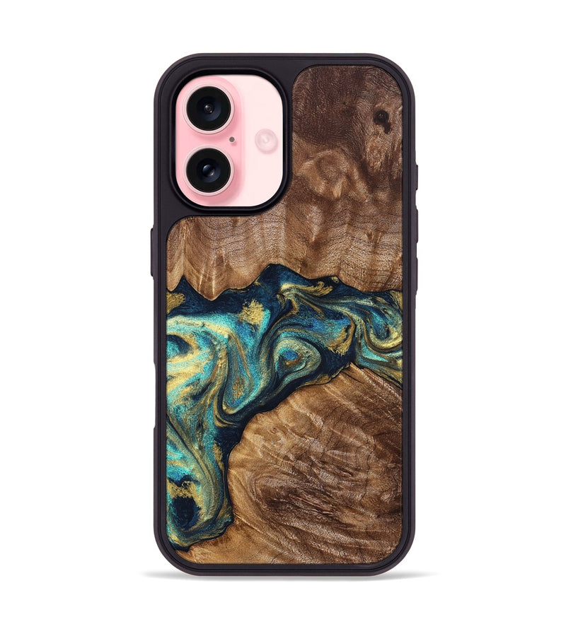 iPhone 16 Wood Phone Case - Huxley (Teal & Gold, 832781)