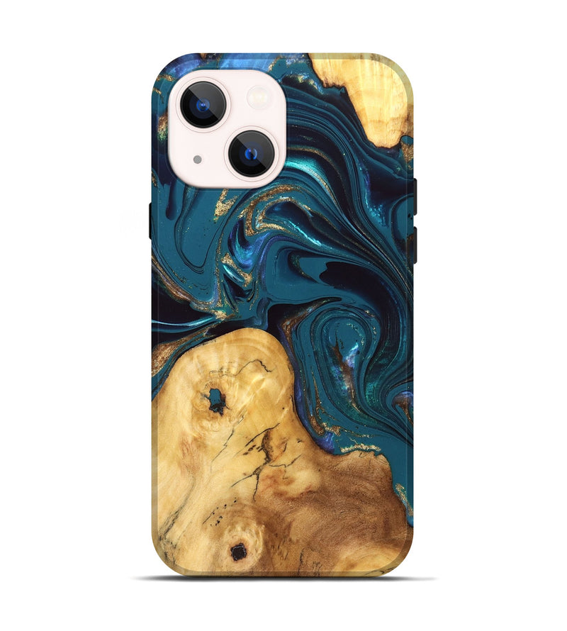 iPhone 14 Wood Live Edge Phone Case - Janna (Teal & Gold, 832833)