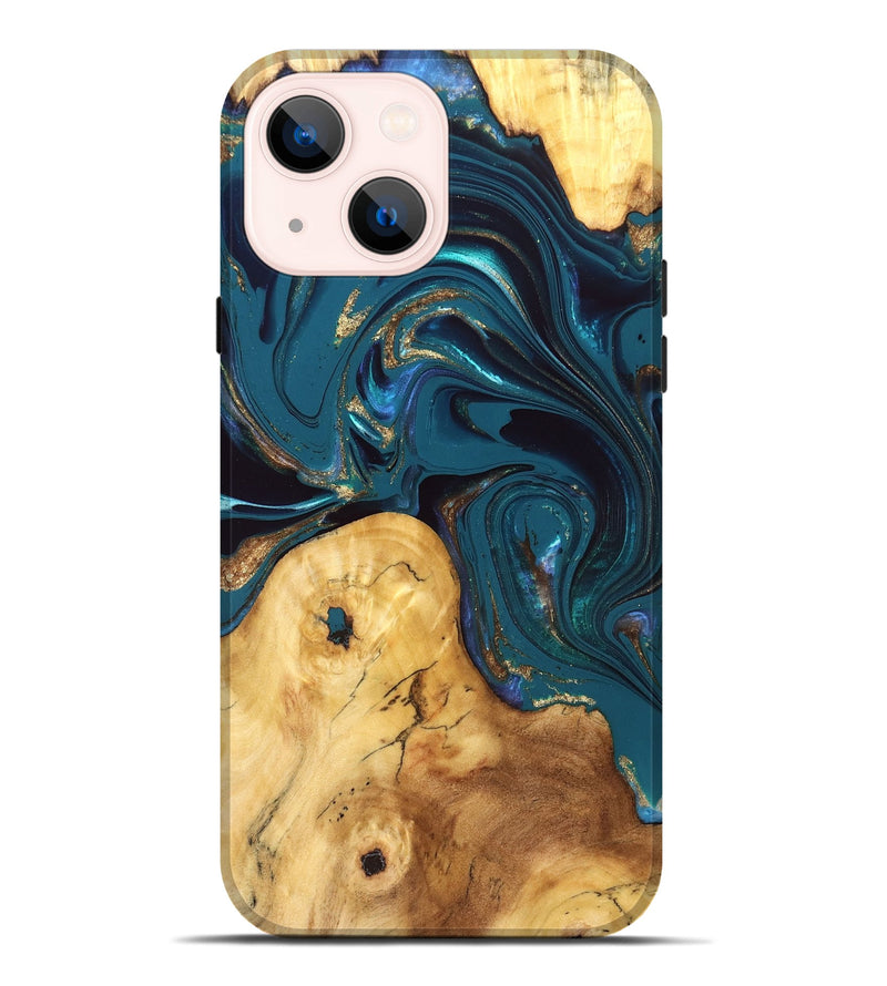 iPhone 14 Plus Wood Live Edge Phone Case - Janna (Teal & Gold, 832833)